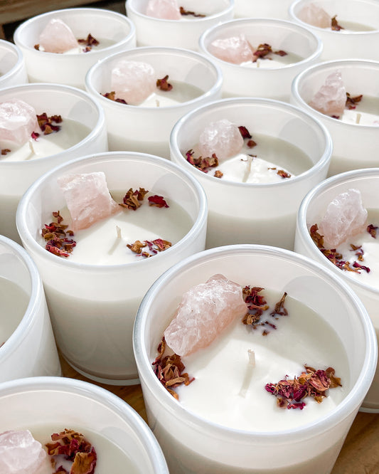Opal + Sage Rose Quartz Crystal Candle